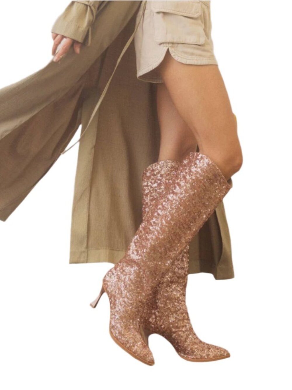 Size 7.5 Knee High Pink Sequin Point Toe Boots